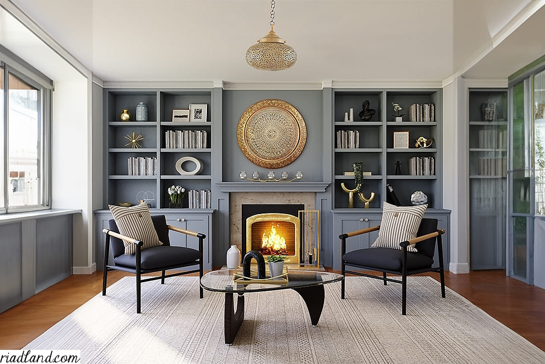 Elegant-relaxation-room-with-a-fireplace-bookshelves-and-a-stylish-hanging-lamp