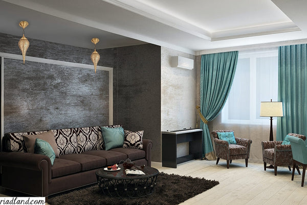 Classic-luxury-living-room-with-brown-furniture-turquoise-accents-and-two-elegant-golden-hanging-lamps