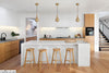 Modern-kitchen-with-wooden-floor-white-cabinets-and-three-golden-hanging-lamps