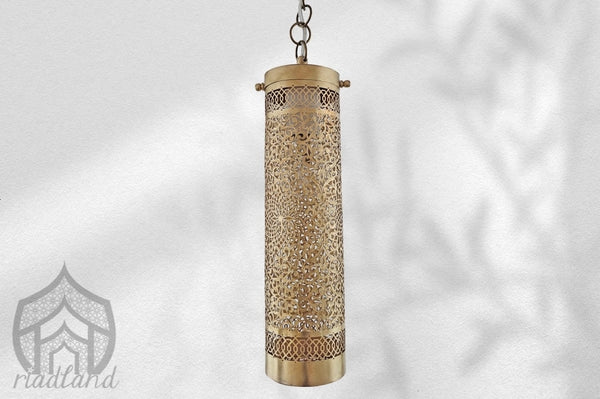 Handcrafted brass hanging lamp in tube shape that has a elegant and distinctive design