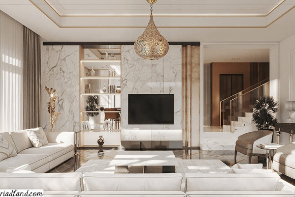 Contemporary-living-room-with-white-furniture-marble-walls-and-a-large-opulent-hanging-lamp